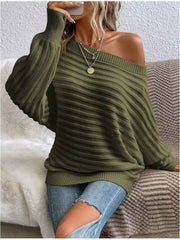 Army green ribbed knit one-shoulder sweater with balloon sleeves.