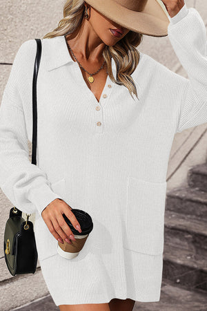 White ribbed knit polo dress with buttons and pockets, acrylic fabric