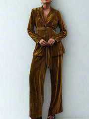 Velvet belted blazer and wide-leg trousers ensemble in Tan.