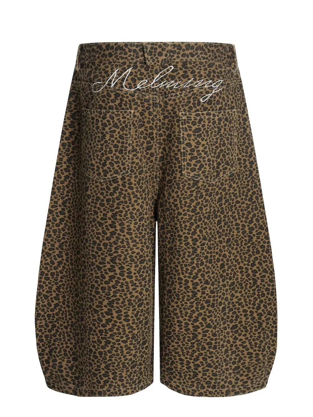 Men's brown leopard print wide-leg capri track pants with white script detail on back waistband.