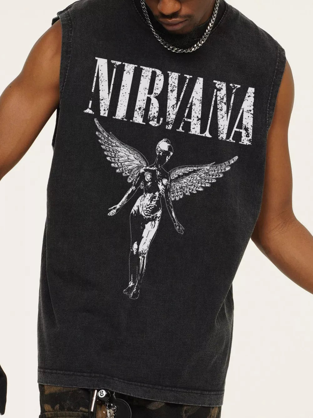 Men's black distressed cotton tank top with Nirvana graphic and winged figure.