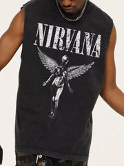 Men's black distressed cotton tank top with Nirvana graphic and winged figure.