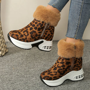 Leopard print plush ankle boots with side zipper and air cushion sole.