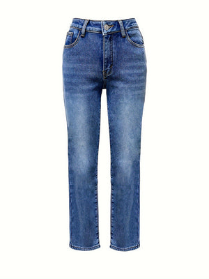 Medium wash denim jeans with a subtle flare and modern silhouette.