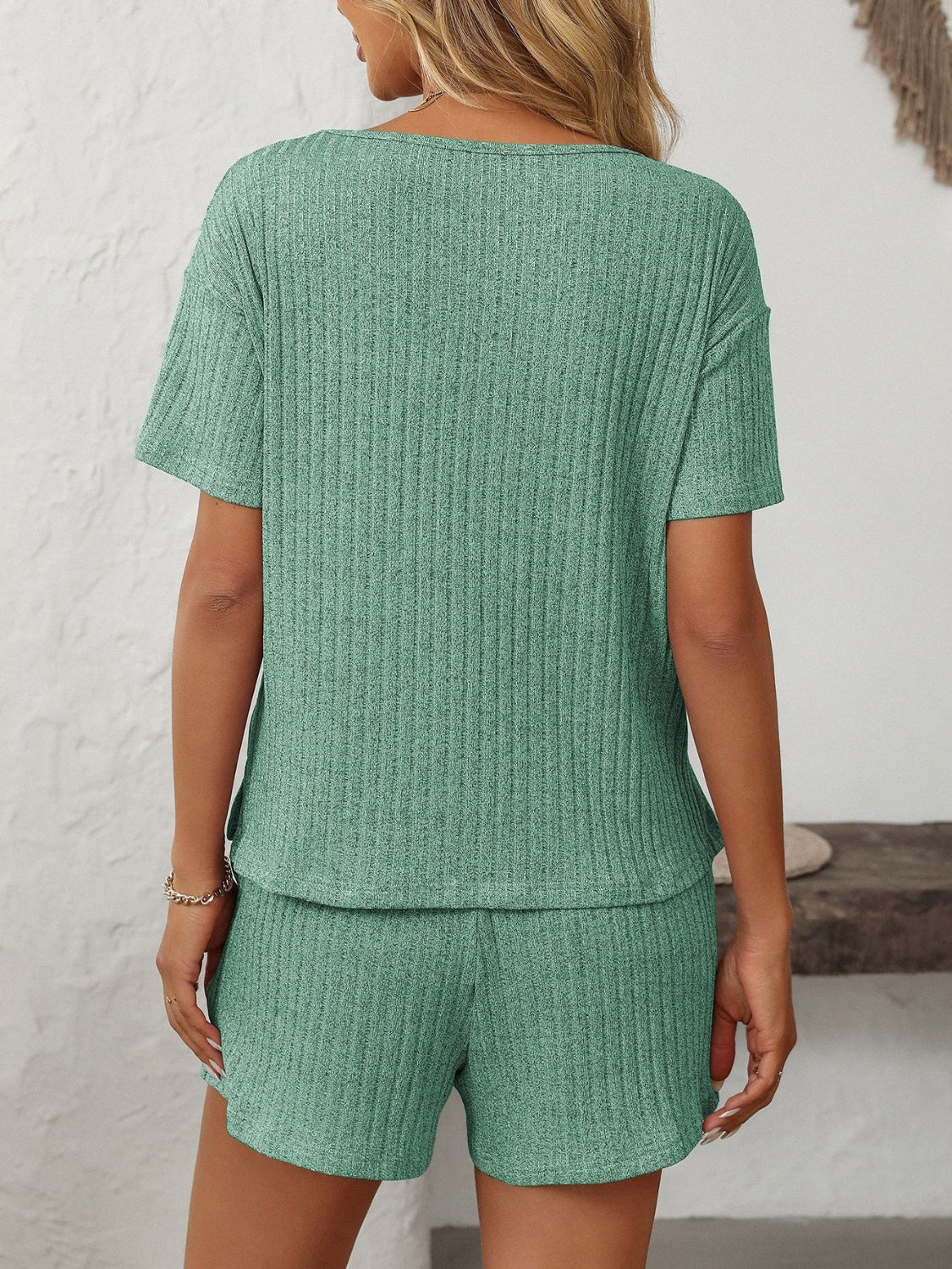 Mandy Chic V-Neck Set Loungewear in Gum Leaf ribbed knit, featuring a short-sleeve top and shorts.