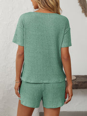 Mandy Chic V-Neck Set Loungewear in Gum Leaf ribbed knit, featuring a short-sleeve top and shorts.