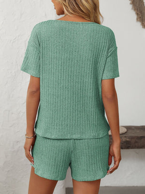 Mandy Chic V-Neck Set Loungewear in Gum Leaf ribbed knit, featuring a short-sleeve top and shorts.