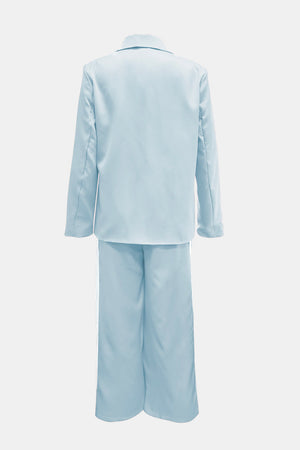 Mint blue track stripe suit with a blazer and wide-leg pants.