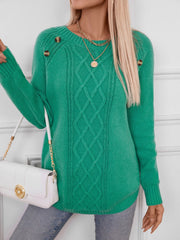 Green acrylic cable knit sweater with button shoulder detail and crew neck.
