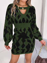 Army green knit mini dress with black geometric pattern, v-neck cutout, and long sleeves.