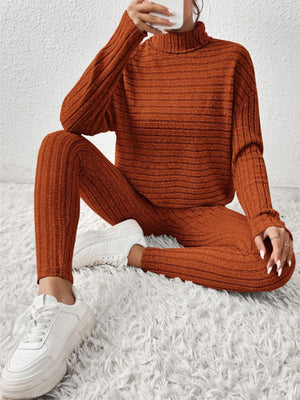 Textured turtleneck lounge set in caramel with ribbed fabric and matching leggings.