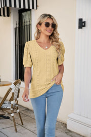 Yellow perforated puff sleeve v-neck blouse with eyelet detail