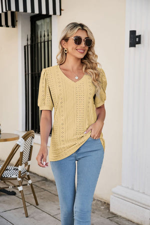 Yellow perforated puff sleeve v-neck blouse with eyelet detail