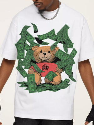 White cotton blend t-shirt with teddy bear graphic and falling money.
