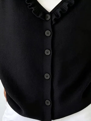 Ruffled Neckline Button-up Cardigan in White, view 20