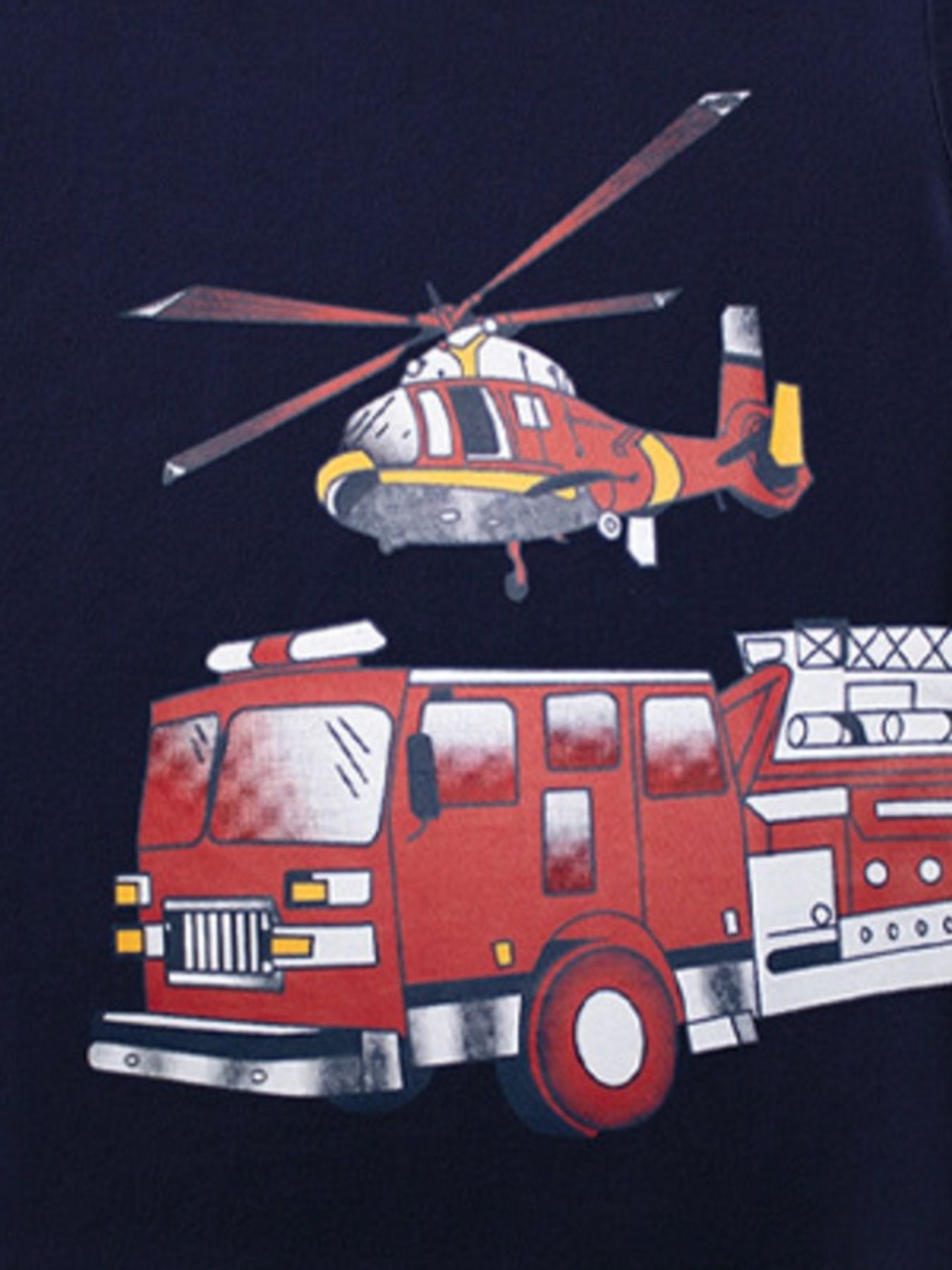 Navy cotton blend crew neck t-shirt with red fire truck and helicopter graphic.