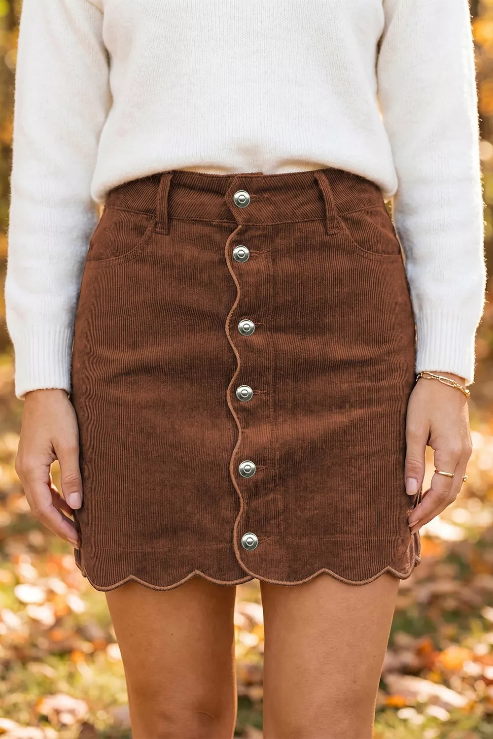 Button Front Corduroy Mini Sheath Skirt in Brown, front view