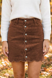 Button Front Corduroy Mini Sheath Skirt in Brown, front view