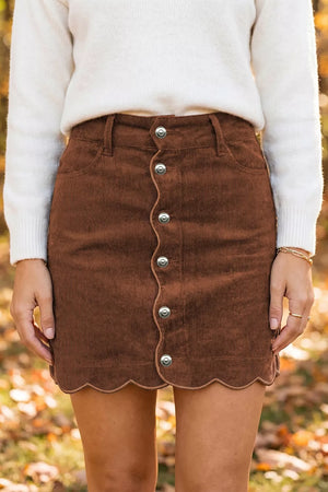 Button Front Corduroy Mini Sheath Skirt in Brown, front view