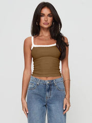 Lace trim ribbed tank top in coffee brown with square neckline and spaghetti straps.