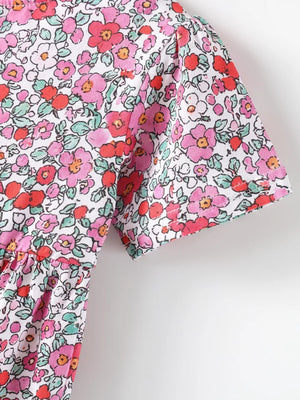 Children's Floral Print Short Sleeve A-line Dress, model styling view
