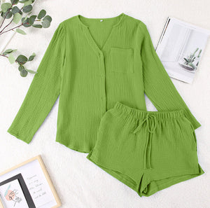 Lime green textured cotton pajama set with button-up top and drawstring shorts