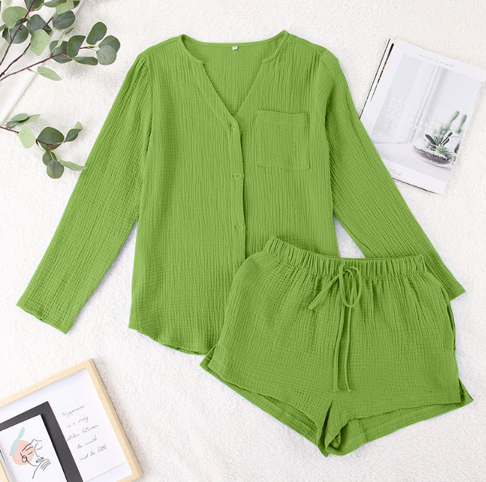 Lime green textured cotton pajama set with button-up top and drawstring shorts