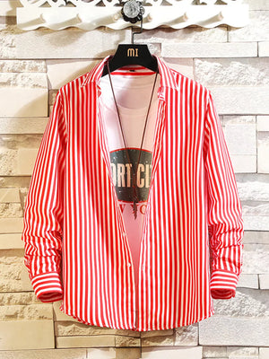Men's Plus Size Striped Button Up Casual Shirt, close-up detail