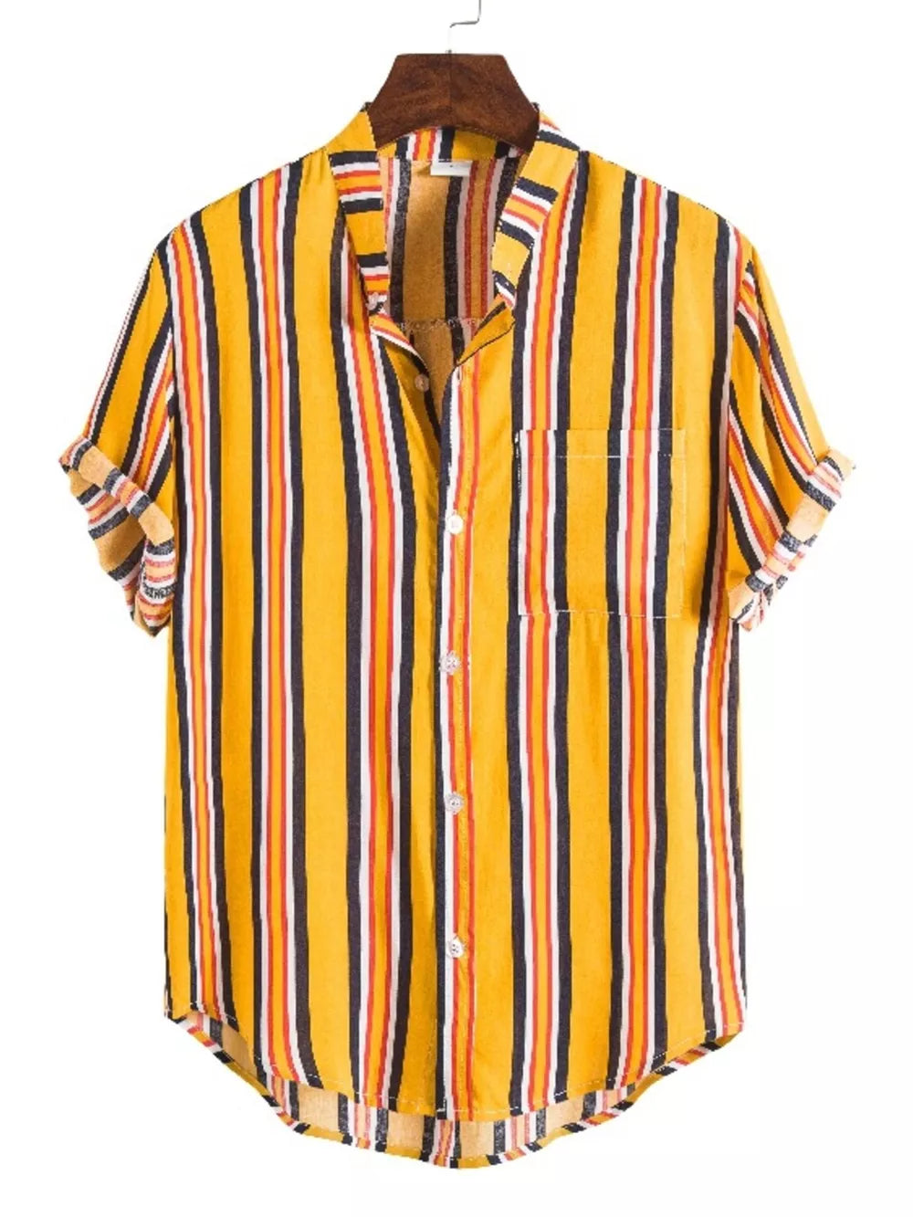 Men's Plus Size Striped Button Up Short Sleeve Shirt in Navy, close-up detail