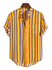 Men's Plus Size Striped Button Up Short Sleeve Shirt in Navy, close-up detail
