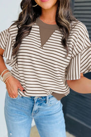 Brown striped tee with flounce sleeves and contrast neckline detail.