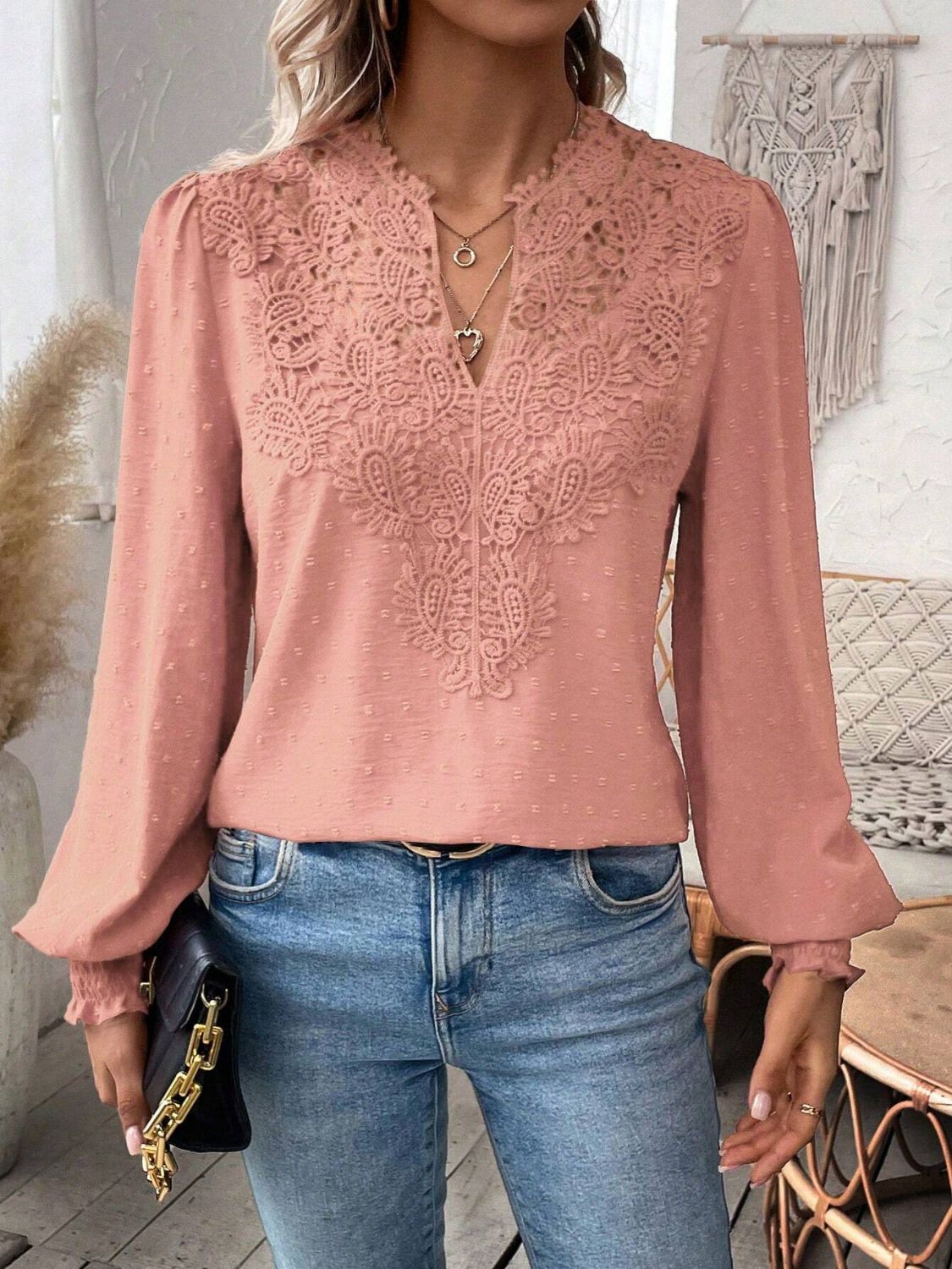 Pink purple blouse with embroidered yoke and puff sleeves