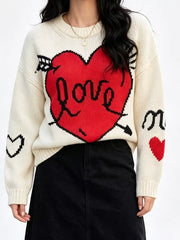 Heart Round Neck Ribbed Sweater in Pink, front view