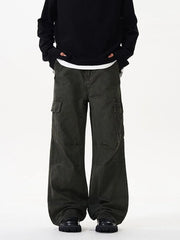 Men's military green cargo pants with versatile pockets and a relaxed fit.