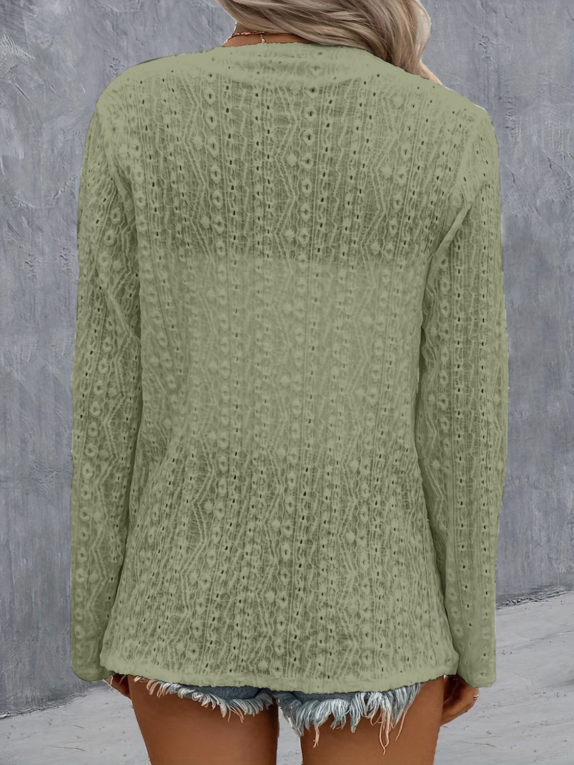 Sage open-weave long sleeve cardigan with intricate diamond pattern detail.