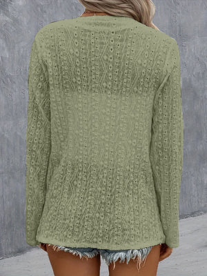 Sage open-weave long sleeve cardigan with intricate diamond pattern detail.
