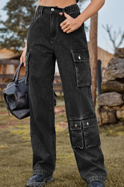 Black denim cargo pants with relaxed wide legs and multiple utility pockets.