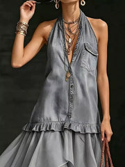 Grey ruffled halter maxi gown with button front and tiered skirt.