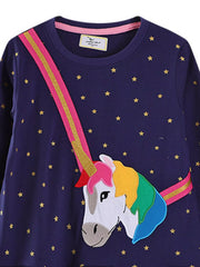 Dark Navy long sleeve dress with allover gold stars and embroidered rainbow unicorn applique.