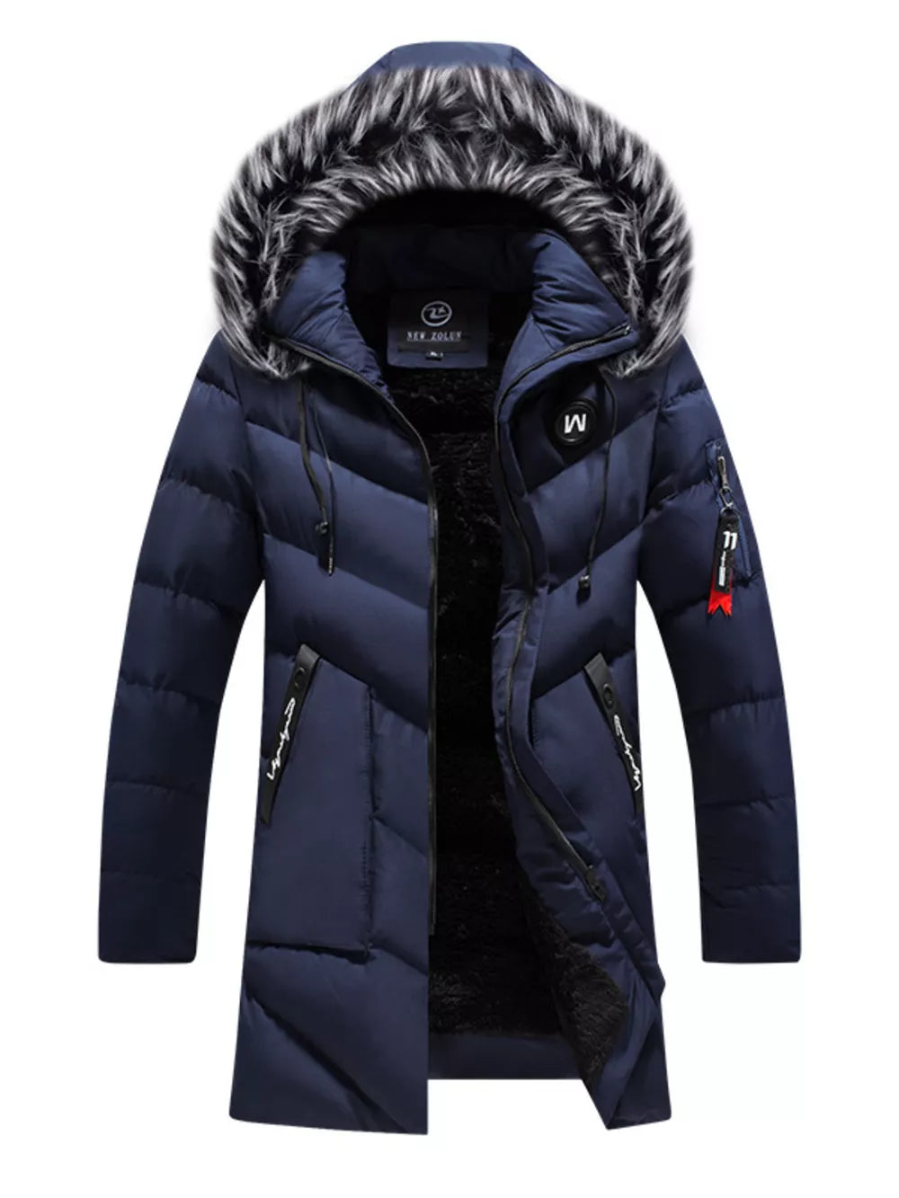 Men's blue longline padded coat with faux fur hood trim and fleece lining.