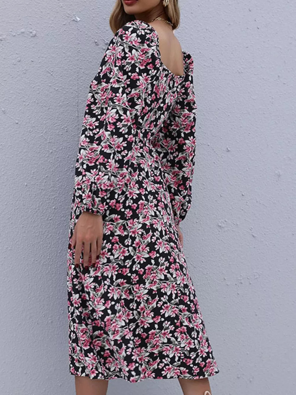 Black floral midi dress with square neckline and long sleeves, perfect for casual or dressy occasions.