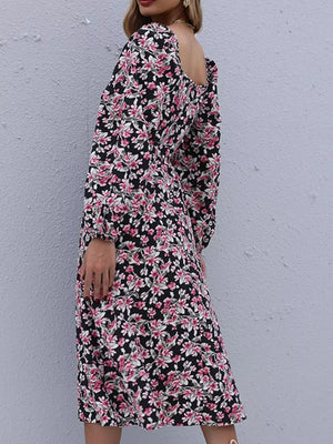Black floral midi dress with square neckline and long sleeves, perfect for casual or dressy occasions.