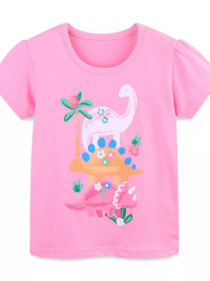Hot Pink cotton t-shirt with a charming dinosaur print and puff sleeves.