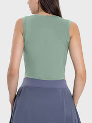 Gum Leaf asymmetric ruched crop tank top with crew neck and racerback detail