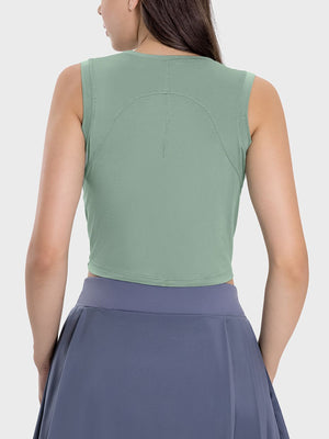 Gum Leaf asymmetric ruched crop tank top with crew neck and racerback detail