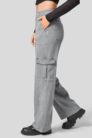 Gray denim wide-leg cargo pants with utility pockets and a relaxed fit.