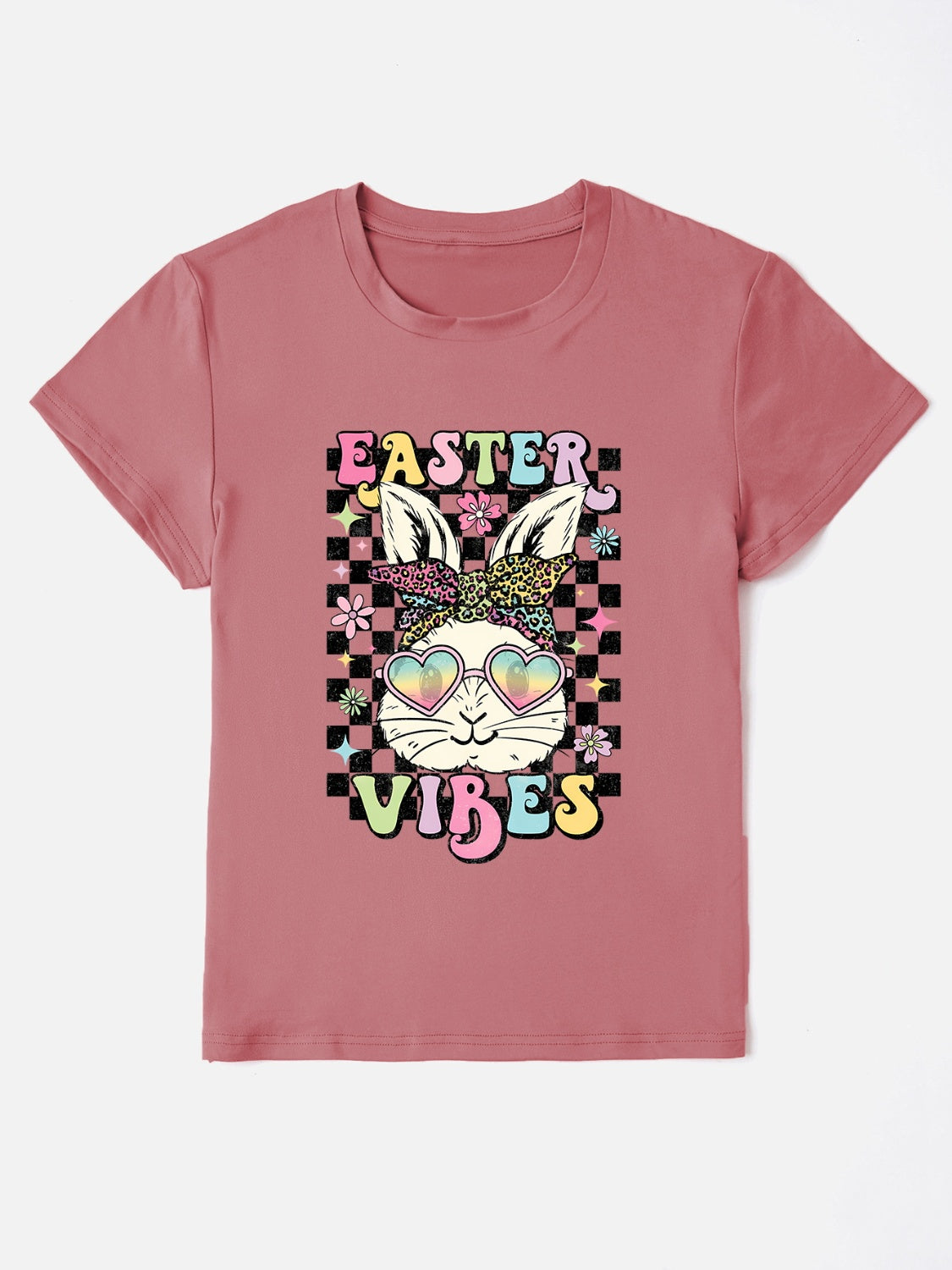 Dusty Pink t-shirt with Easter bunny graphic, heart sunglasses, and checkered background.