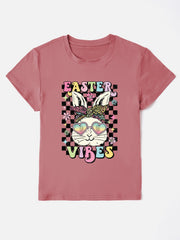 Dusty Pink t-shirt with Easter bunny graphic, heart sunglasses, and checkered background.