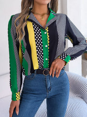 Collared blouse with bold color block and polka dot print, long sleeves, button front.
