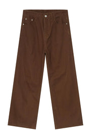 Brown wide-leg denim jeans with angled seams and a casual fit.